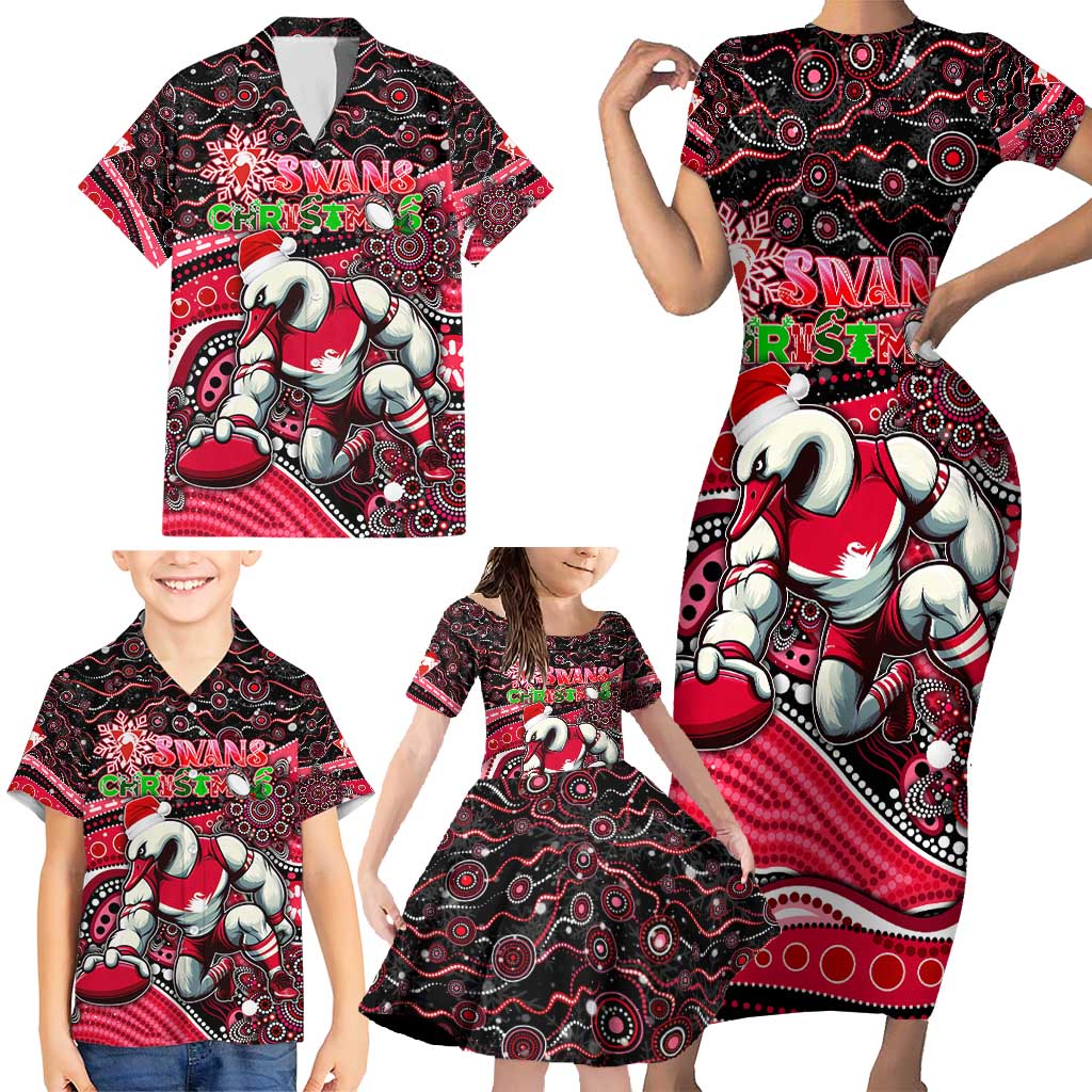 Merry Christmas AFL Swans Family Matching Short Sleeve Bodycon Dress and Hawaiian Shirt Aboriginal Santa Football Mascot DT02