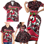 Merry Christmas AFL Swans Family Matching Short Sleeve Bodycon Dress and Hawaiian Shirt Aboriginal Santa Football Mascot DT02
