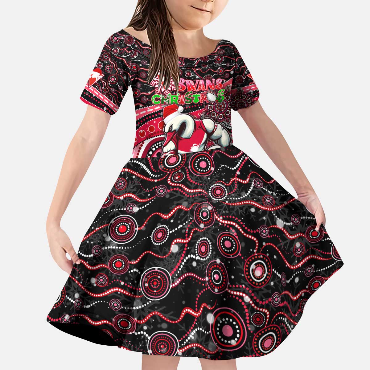 Merry Christmas AFL Swans Kid Short Sleeve Dress Aboriginal Santa Football Mascot DT02