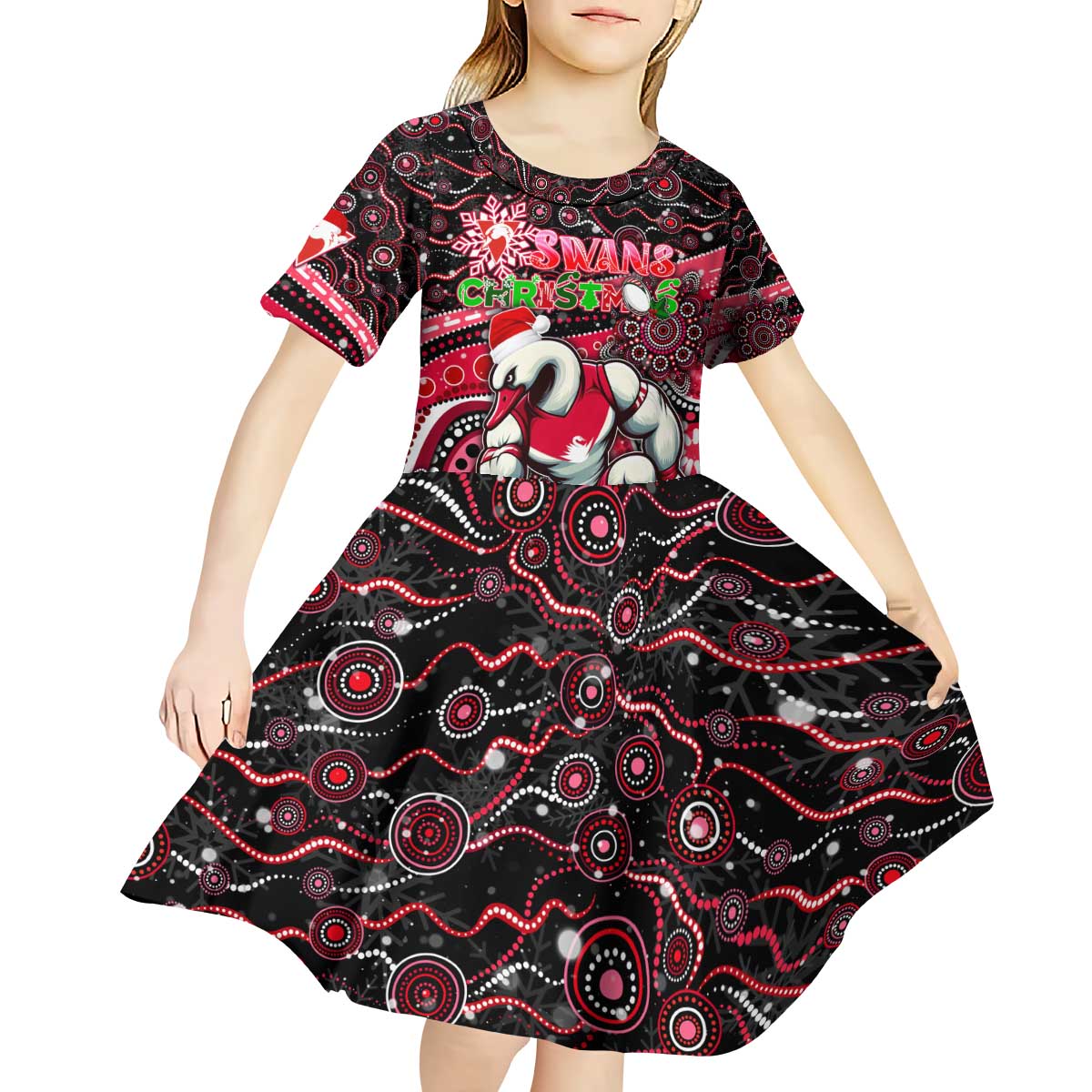 Merry Christmas AFL Swans Kid Short Sleeve Dress Aboriginal Santa Football Mascot DT02