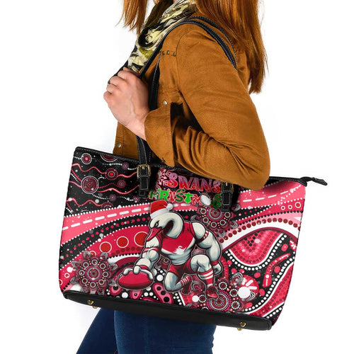 Merry Christmas AFL Swans Leather Tote Bag Aboriginal Santa Football Mascot DT02