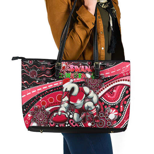 Merry Christmas AFL Swans Leather Tote Bag Aboriginal Santa Football Mascot DT02