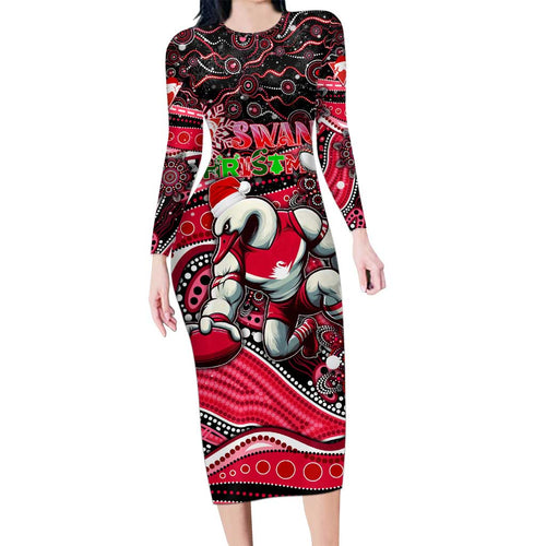 Merry Christmas AFL Swans Long Sleeve Bodycon Dress Aboriginal Santa Football Mascot DT02