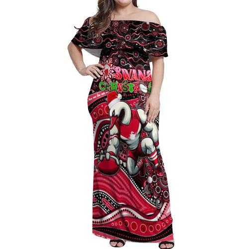 Merry Christmas AFL Swans Off Shoulder Maxi Dress Aboriginal Santa Football Mascot DT02