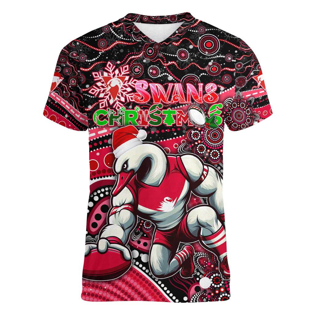 Merry Christmas AFL Swans Women V-Neck T-Shirt Aboriginal Santa Football Mascot DT02