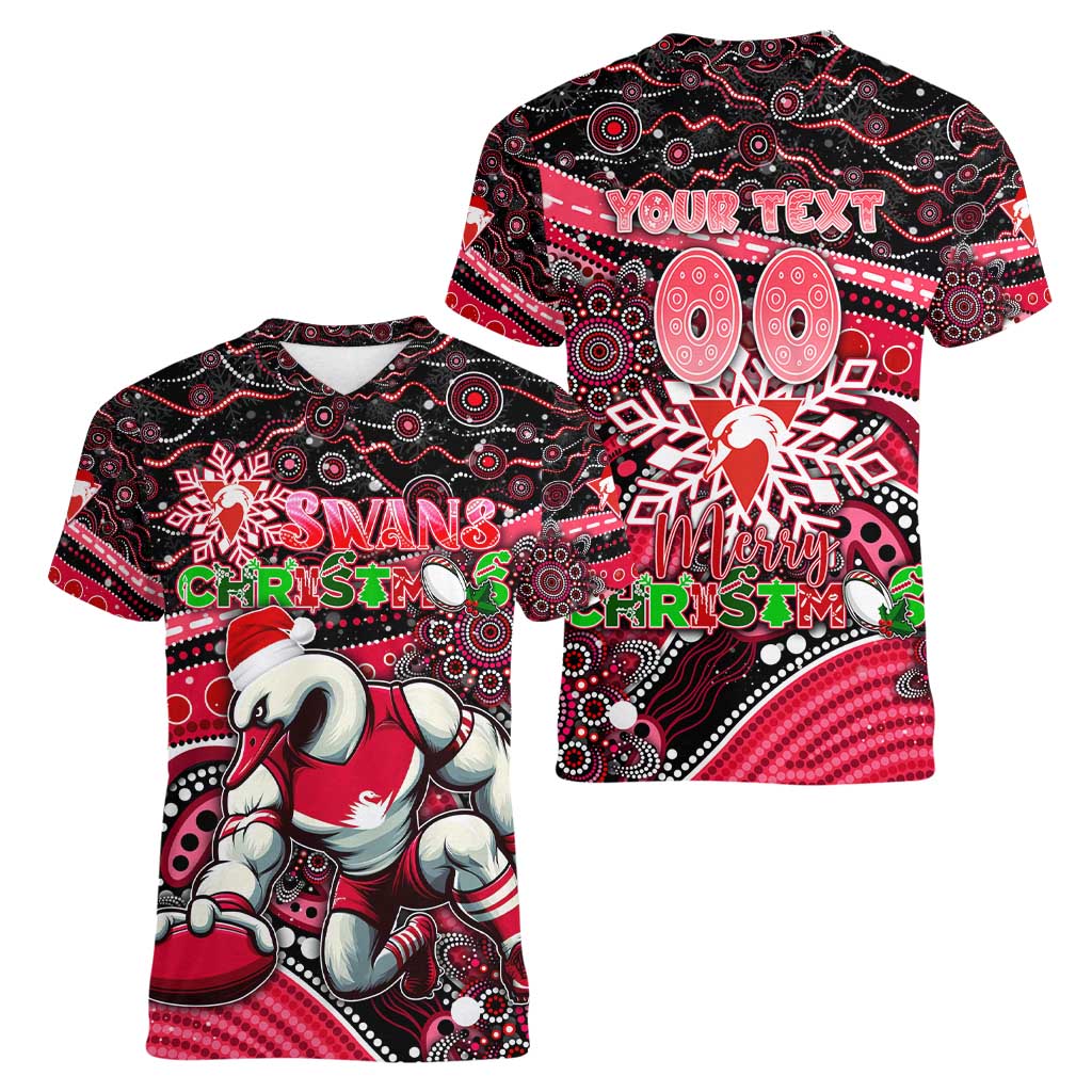 Merry Christmas AFL Swans Women V-Neck T-Shirt Aboriginal Santa Football Mascot DT02