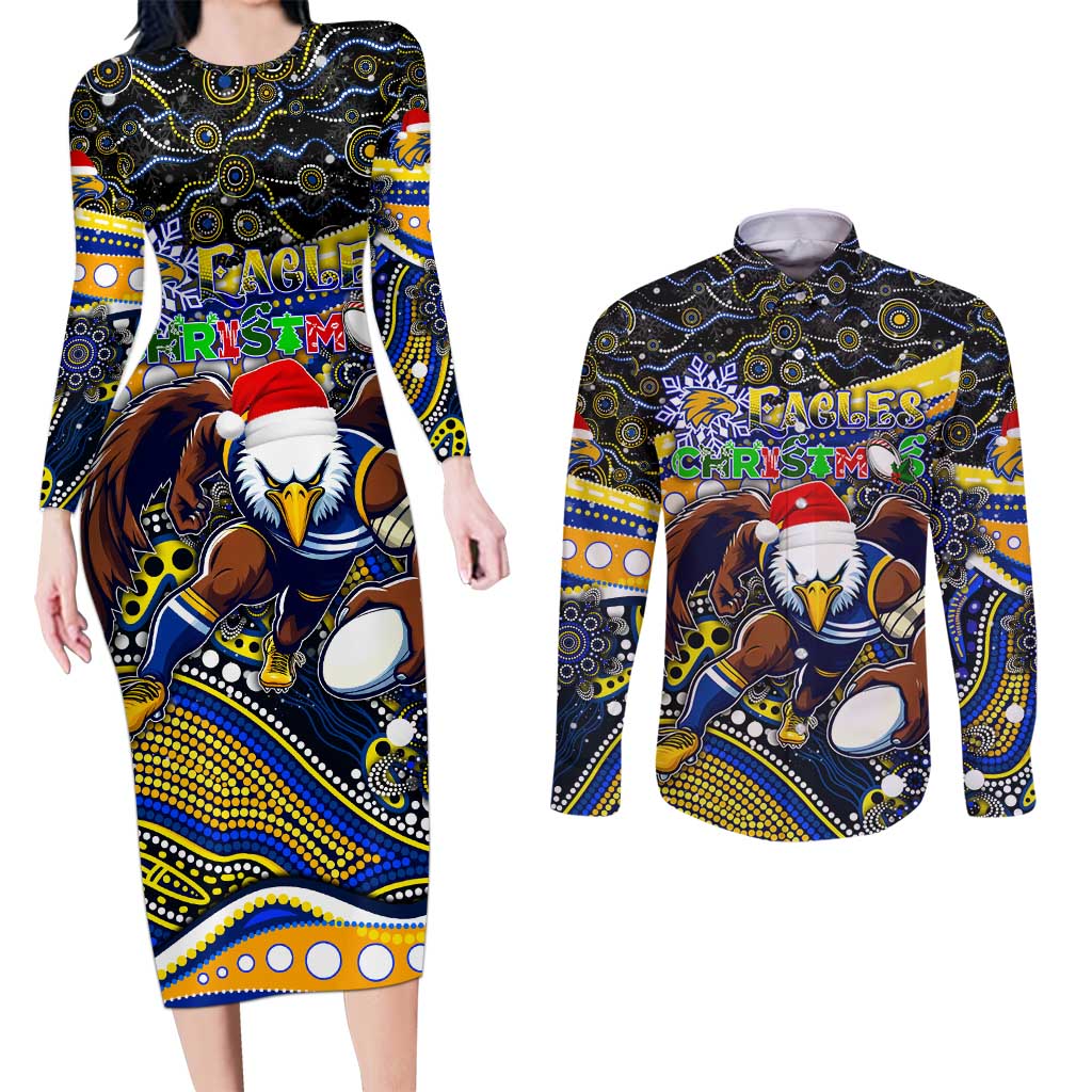 Merry Christmas AFL Eagles Couples Matching Long Sleeve Bodycon Dress and Long Sleeve Button Shirt Aboriginal Santa Football Mascot