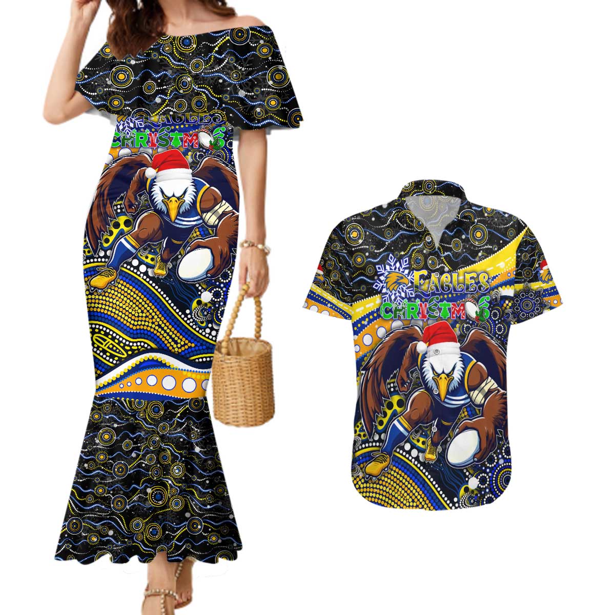 Merry Christmas AFL Eagles Couples Matching Mermaid Dress and Hawaiian Shirt Aboriginal Santa Football Mascot