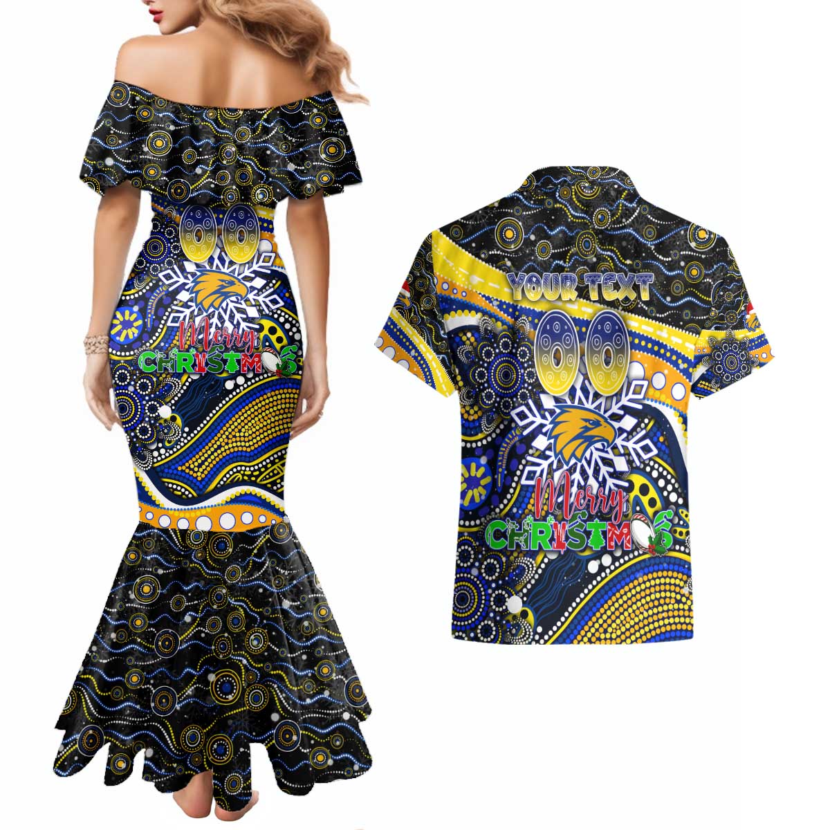 Merry Christmas AFL Eagles Couples Matching Mermaid Dress and Hawaiian Shirt Aboriginal Santa Football Mascot