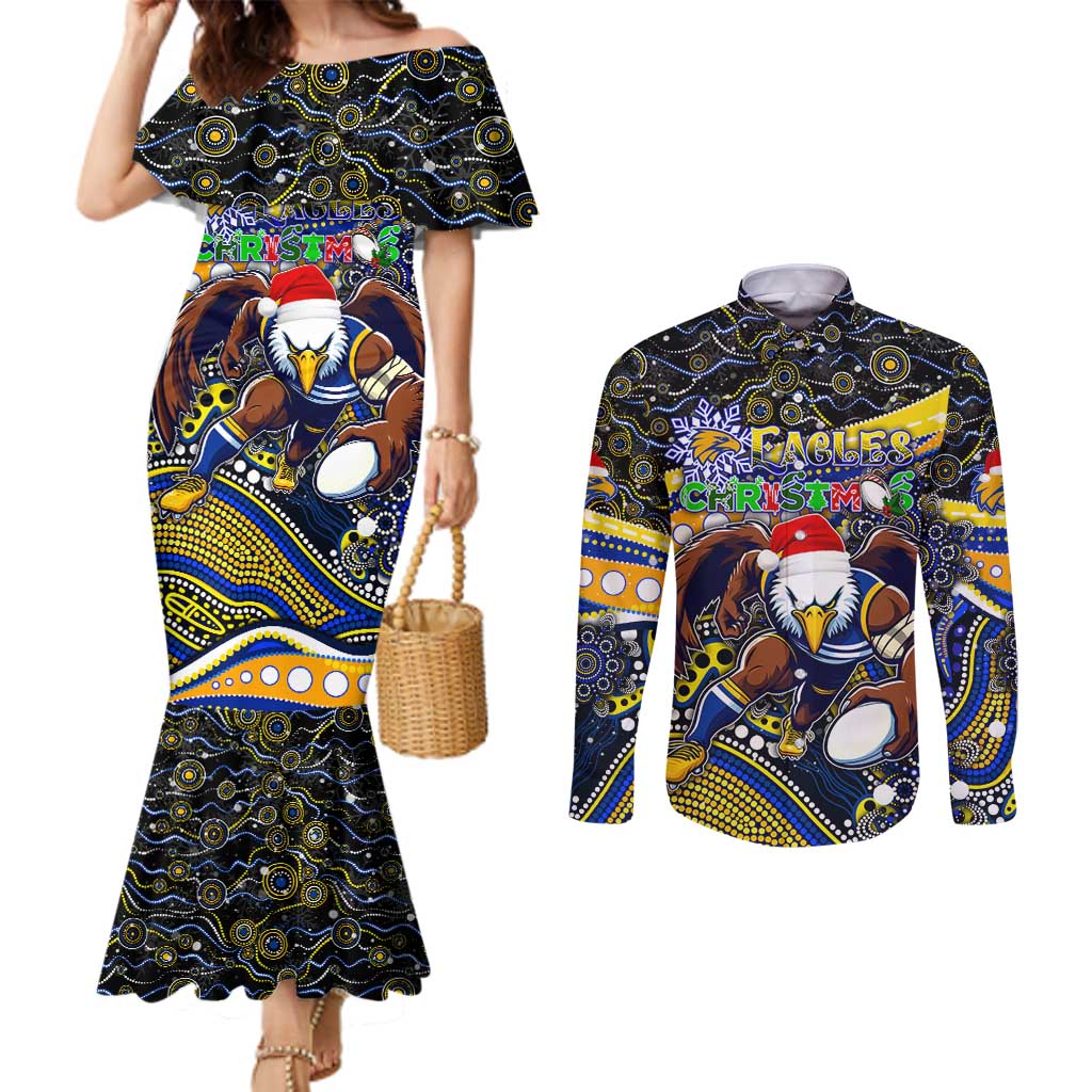 Merry Christmas AFL Eagles Couples Matching Mermaid Dress and Long Sleeve Button Shirt Aboriginal Santa Football Mascot