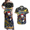 Merry Christmas AFL Eagles Couples Matching Off Shoulder Maxi Dress and Hawaiian Shirt Aboriginal Santa Football Mascot