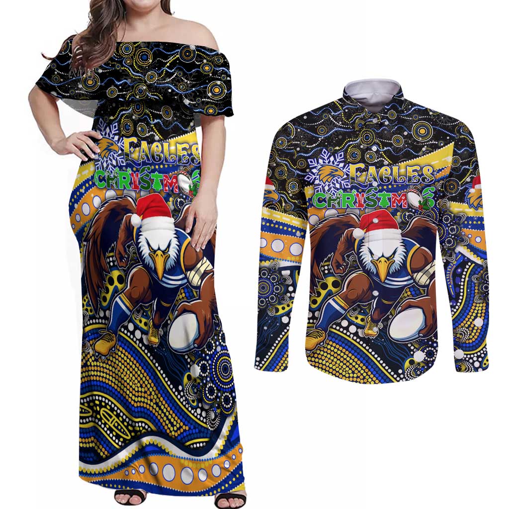 Merry Christmas AFL Eagles Couples Matching Off Shoulder Maxi Dress and Long Sleeve Button Shirt Aboriginal Santa Football Mascot