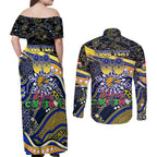 Merry Christmas AFL Eagles Couples Matching Off Shoulder Maxi Dress and Long Sleeve Button Shirt Aboriginal Santa Football Mascot