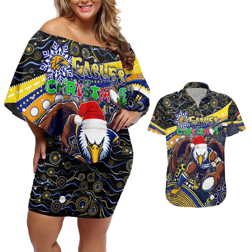 Merry Christmas AFL Eagles Couples Matching Off Shoulder Short Dress and Hawaiian Shirt Aboriginal Santa Football Mascot