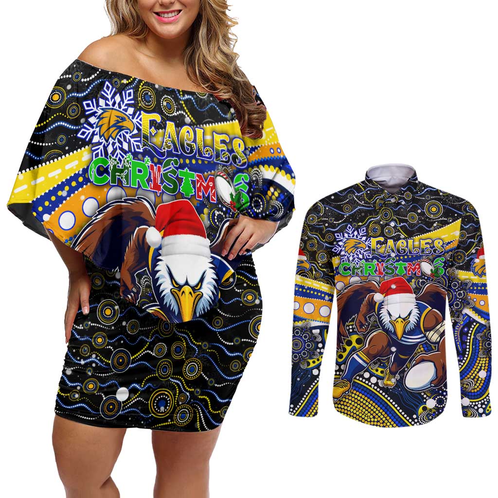 Merry Christmas AFL Eagles Couples Matching Off Shoulder Short Dress and Long Sleeve Button Shirt Aboriginal Santa Football Mascot