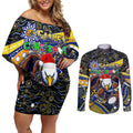 Merry Christmas AFL Eagles Couples Matching Off Shoulder Short Dress and Long Sleeve Button Shirt Aboriginal Santa Football Mascot