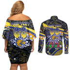 Merry Christmas AFL Eagles Couples Matching Off Shoulder Short Dress and Long Sleeve Button Shirt Aboriginal Santa Football Mascot