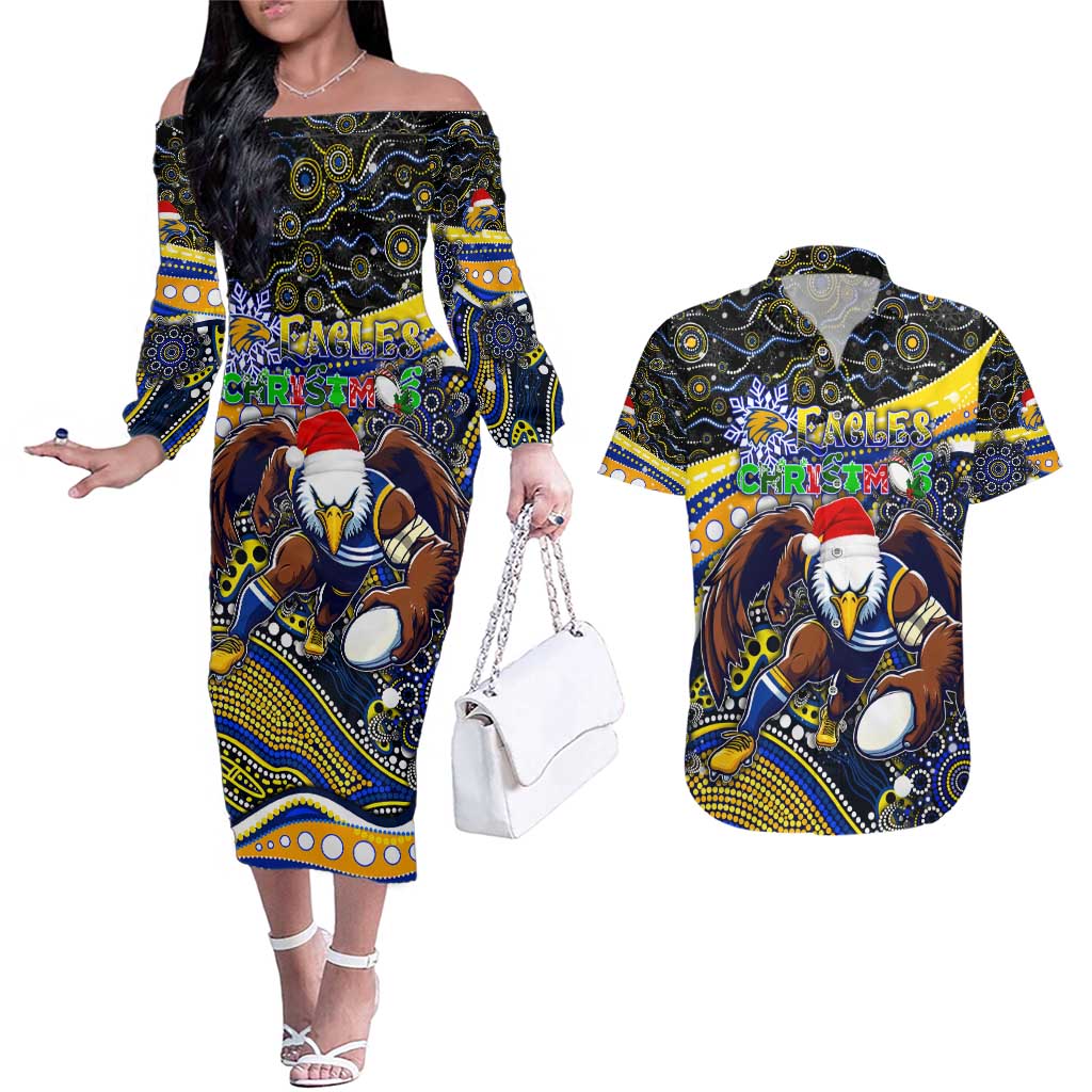 Merry Christmas AFL Eagles Couples Matching Off The Shoulder Long Sleeve Dress and Hawaiian Shirt Aboriginal Santa Football Mascot