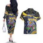 Merry Christmas AFL Eagles Couples Matching Off The Shoulder Long Sleeve Dress and Hawaiian Shirt Aboriginal Santa Football Mascot