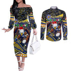 Merry Christmas AFL Eagles Couples Matching Off The Shoulder Long Sleeve Dress and Long Sleeve Button Shirt Aboriginal Santa Football Mascot