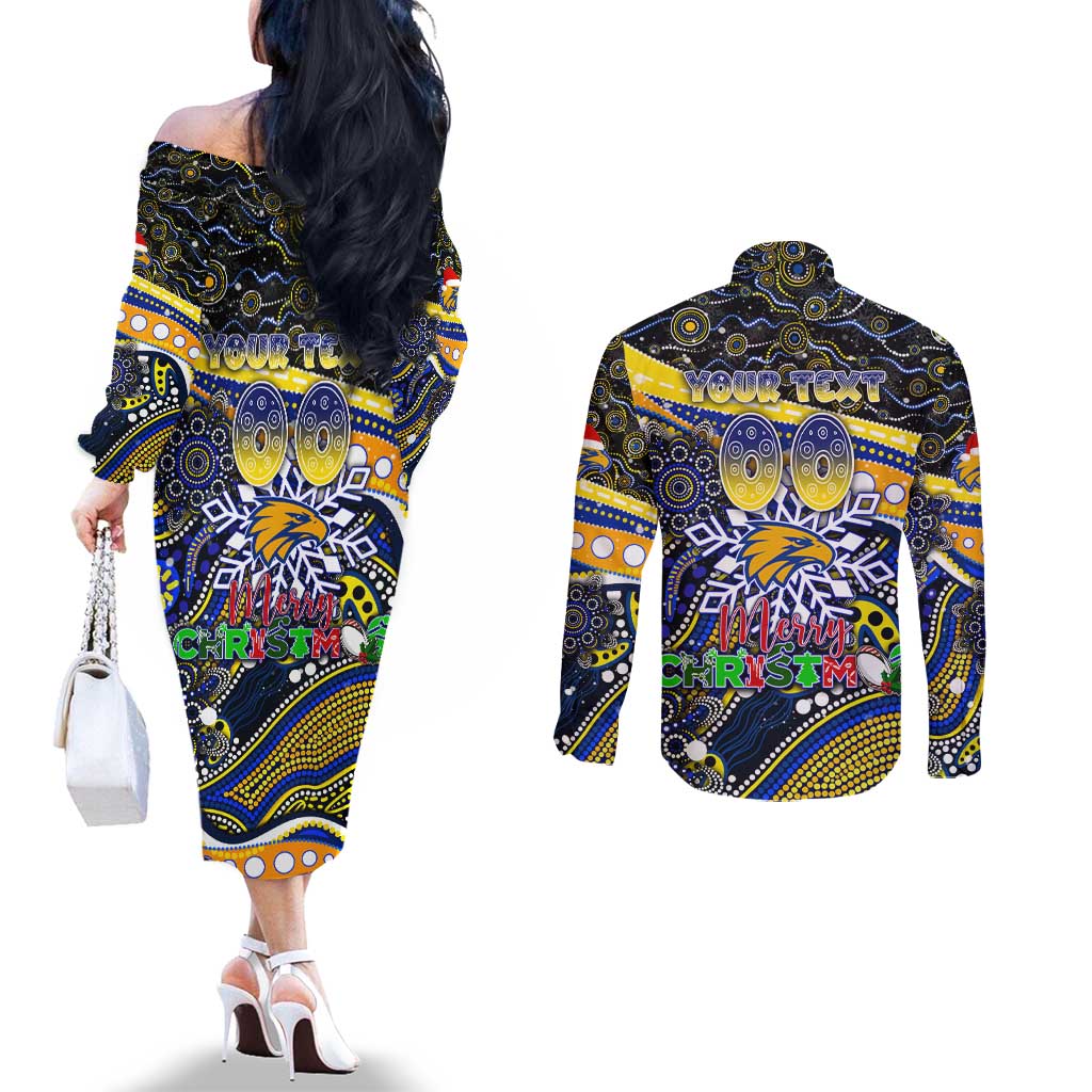 Merry Christmas AFL Eagles Couples Matching Off The Shoulder Long Sleeve Dress and Long Sleeve Button Shirt Aboriginal Santa Football Mascot
