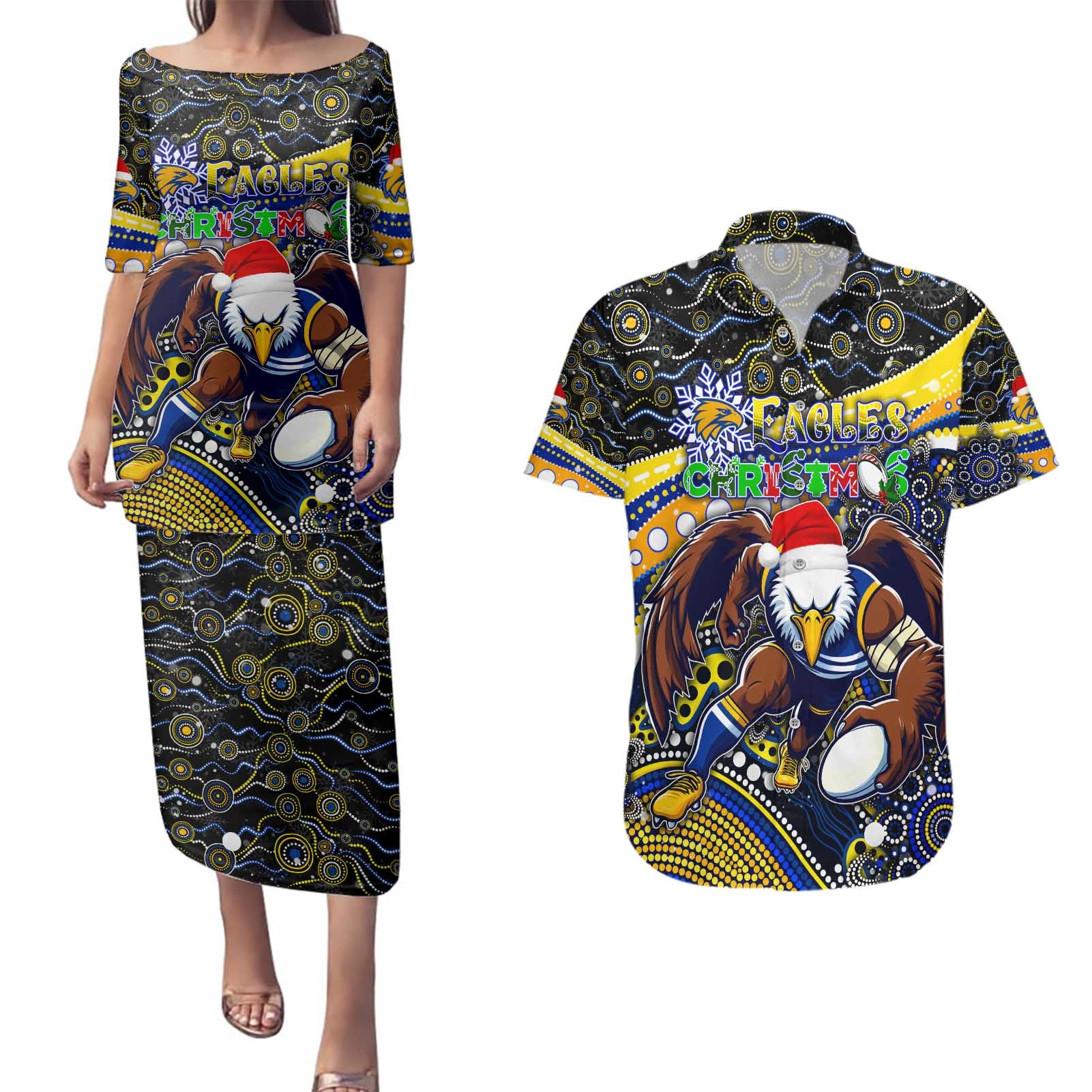 Merry Christmas AFL Eagles Couples Matching Puletasi and Hawaiian Shirt Aboriginal Santa Football Mascot