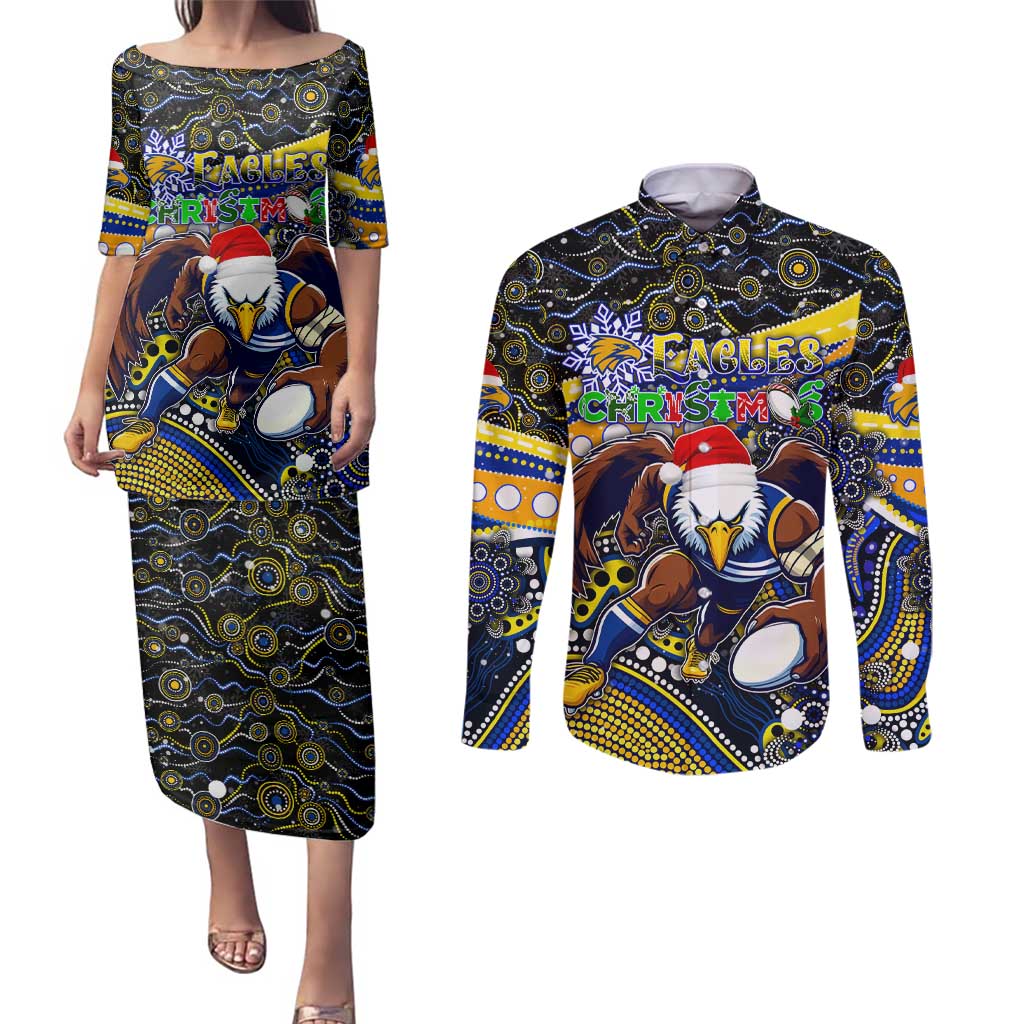 Merry Christmas AFL Eagles Couples Matching Puletasi and Long Sleeve Button Shirt Aboriginal Santa Football Mascot