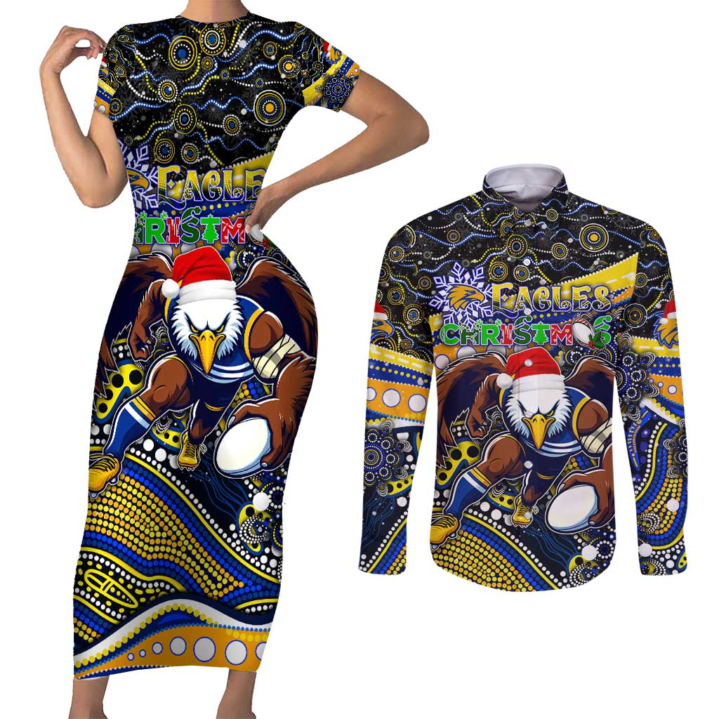 Merry Christmas AFL Eagles Couples Matching Short Sleeve Bodycon Dress and Long Sleeve Button Shirt Aboriginal Santa Football Mascot