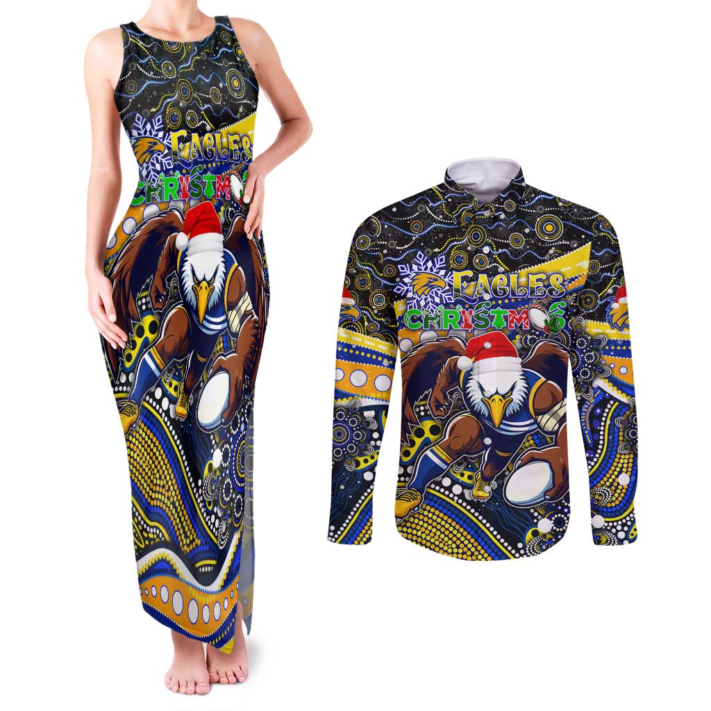 Merry Christmas AFL Eagles Couples Matching Tank Maxi Dress and Long Sleeve Button Shirt Aboriginal Santa Football Mascot