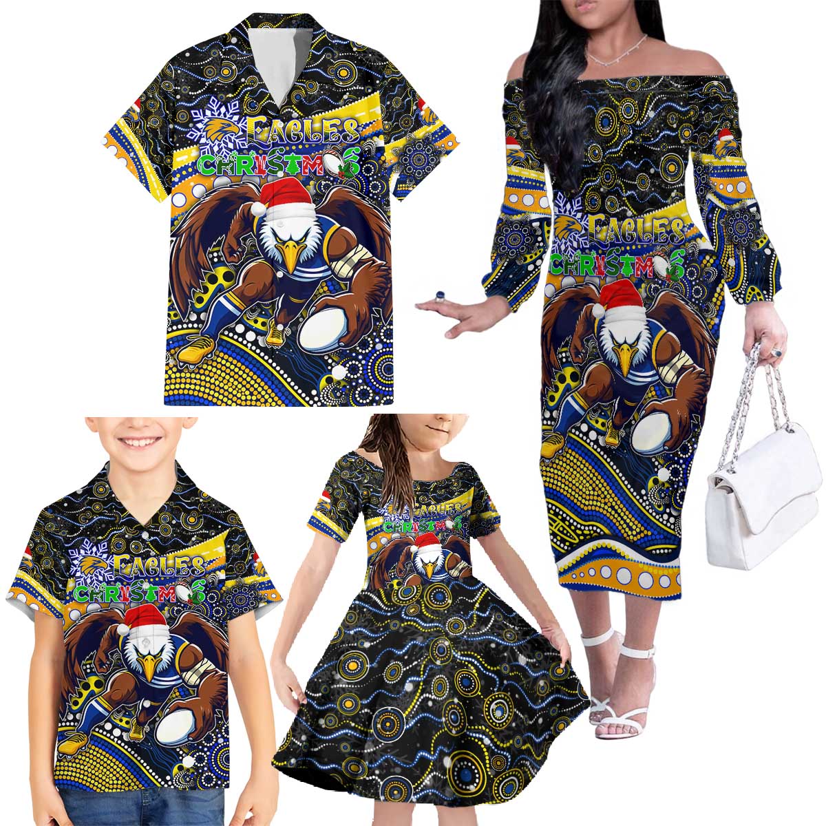 Merry Christmas AFL Eagles Family Matching Off The Shoulder Long Sleeve Dress and Hawaiian Shirt Aboriginal Santa Football Mascot