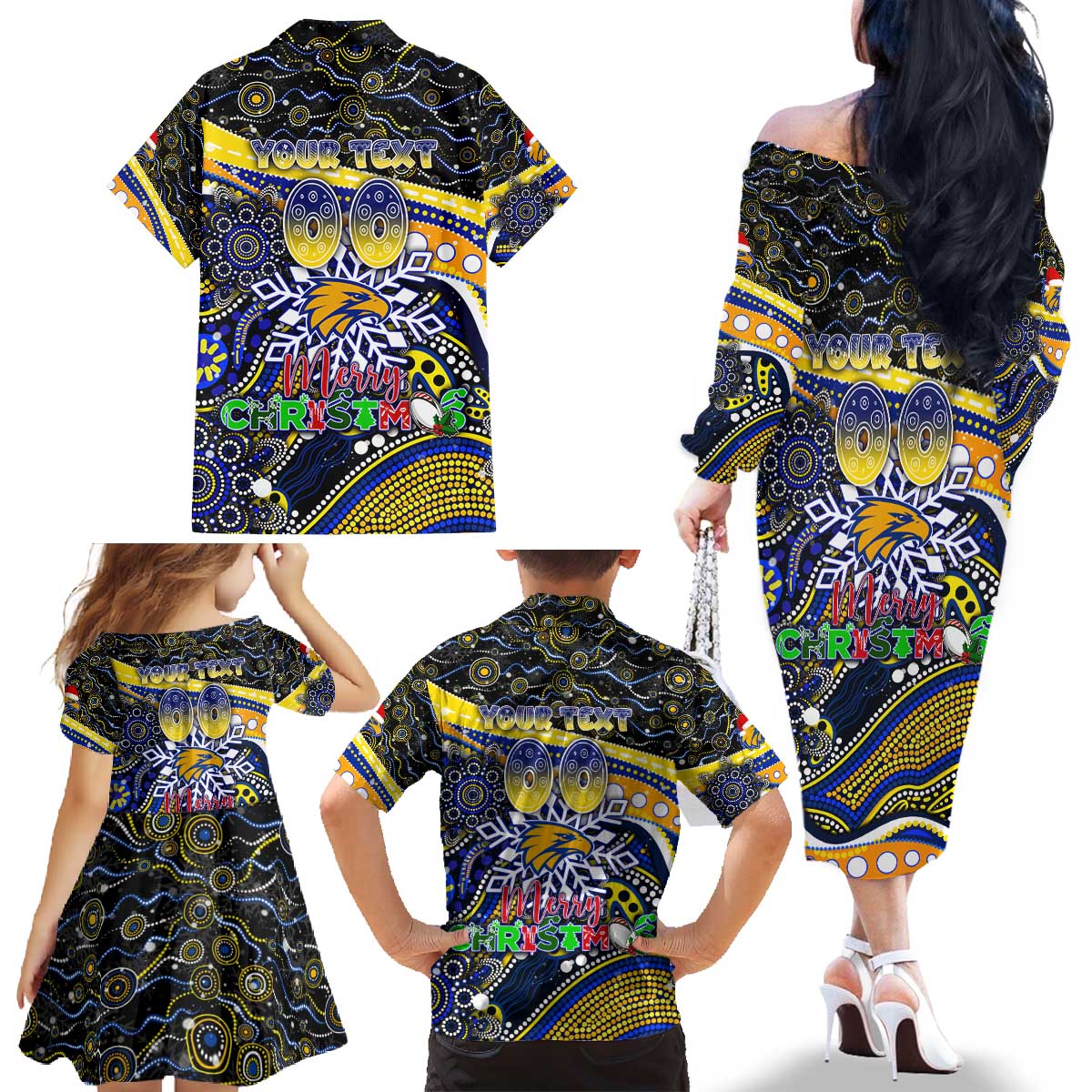 Merry Christmas AFL Eagles Family Matching Off The Shoulder Long Sleeve Dress and Hawaiian Shirt Aboriginal Santa Football Mascot