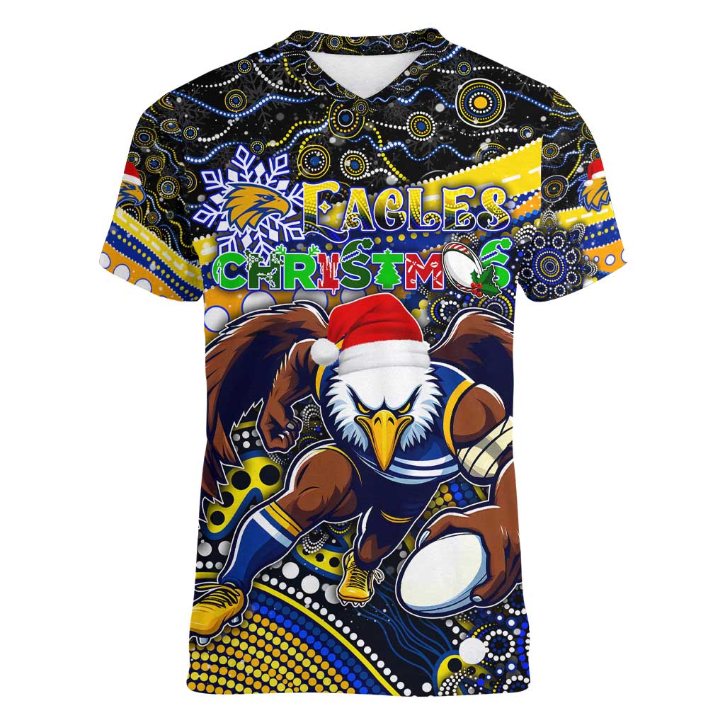 Merry Christmas AFL Eagles Women V-Neck T-Shirt Aboriginal Santa Football Mascot
