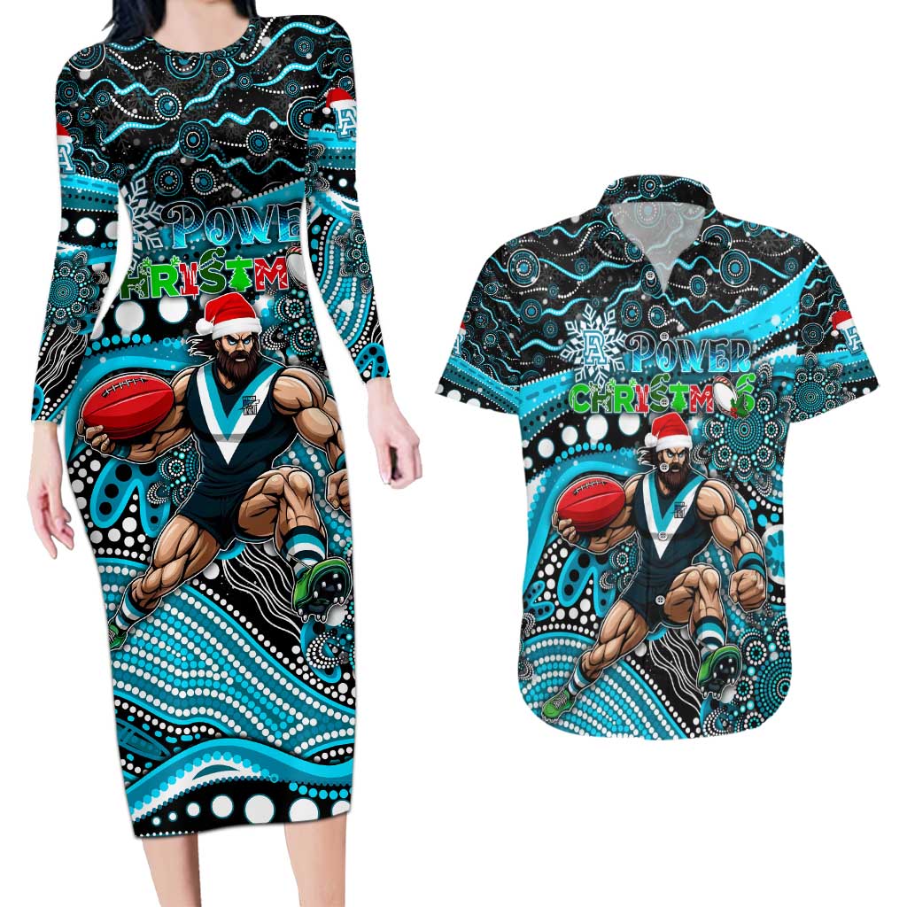 Merry Christmas AFL Power Couples Matching Long Sleeve Bodycon Dress and Hawaiian Shirt Aboriginal Santa Football Mascot