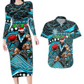 Merry Christmas AFL Power Couples Matching Long Sleeve Bodycon Dress and Hawaiian Shirt Aboriginal Santa Football Mascot
