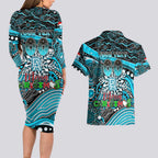 Merry Christmas AFL Power Couples Matching Long Sleeve Bodycon Dress and Hawaiian Shirt Aboriginal Santa Football Mascot