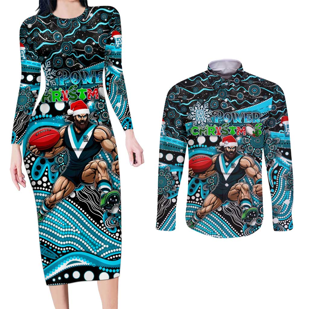 Merry Christmas AFL Power Couples Matching Long Sleeve Bodycon Dress and Long Sleeve Button Shirt Aboriginal Santa Football Mascot