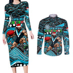 Merry Christmas AFL Power Couples Matching Long Sleeve Bodycon Dress and Long Sleeve Button Shirt Aboriginal Santa Football Mascot