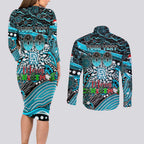 Merry Christmas AFL Power Couples Matching Long Sleeve Bodycon Dress and Long Sleeve Button Shirt Aboriginal Santa Football Mascot