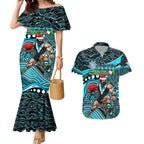 Merry Christmas AFL Power Couples Matching Mermaid Dress and Hawaiian Shirt Aboriginal Santa Football Mascot