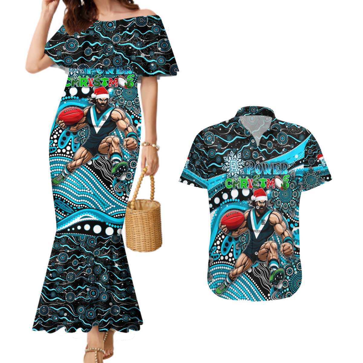 Merry Christmas AFL Power Couples Matching Mermaid Dress and Hawaiian Shirt Aboriginal Santa Football Mascot
