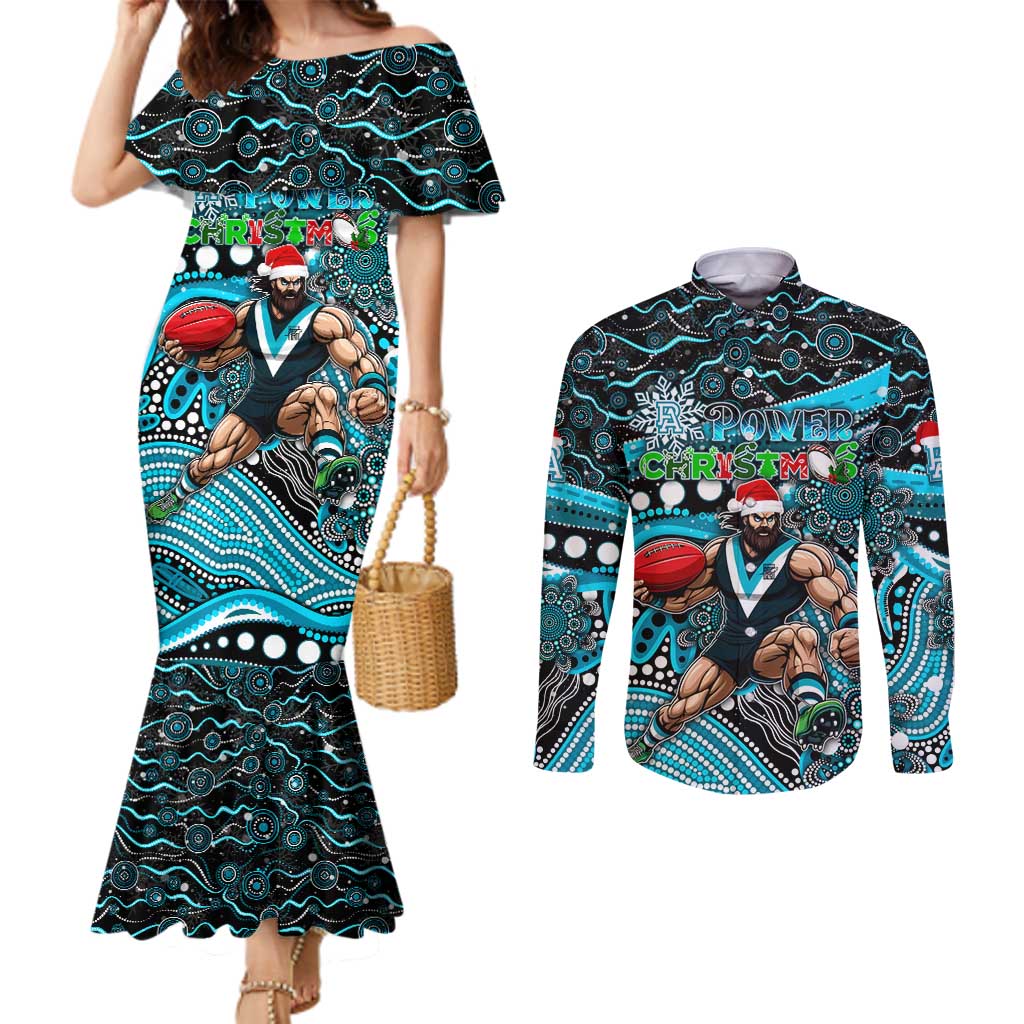 Merry Christmas AFL Power Couples Matching Mermaid Dress and Long Sleeve Button Shirt Aboriginal Santa Football Mascot
