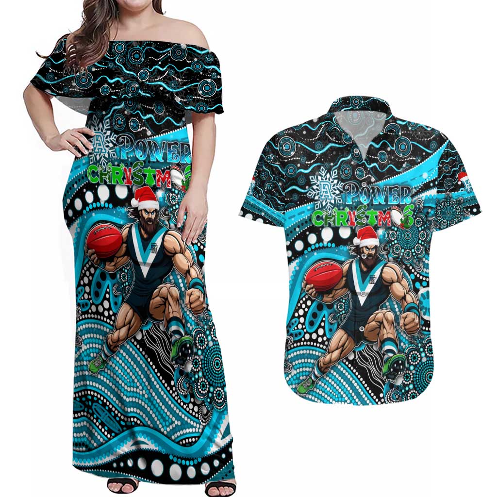 Merry Christmas AFL Power Couples Matching Off Shoulder Maxi Dress and Hawaiian Shirt Aboriginal Santa Football Mascot
