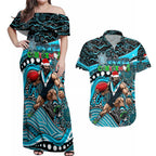 Merry Christmas AFL Power Couples Matching Off Shoulder Maxi Dress and Hawaiian Shirt Aboriginal Santa Football Mascot