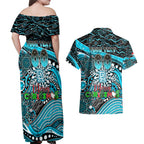 Merry Christmas AFL Power Couples Matching Off Shoulder Maxi Dress and Hawaiian Shirt Aboriginal Santa Football Mascot