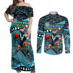 Merry Christmas AFL Power Couples Matching Off Shoulder Maxi Dress and Long Sleeve Button Shirt Aboriginal Santa Football Mascot