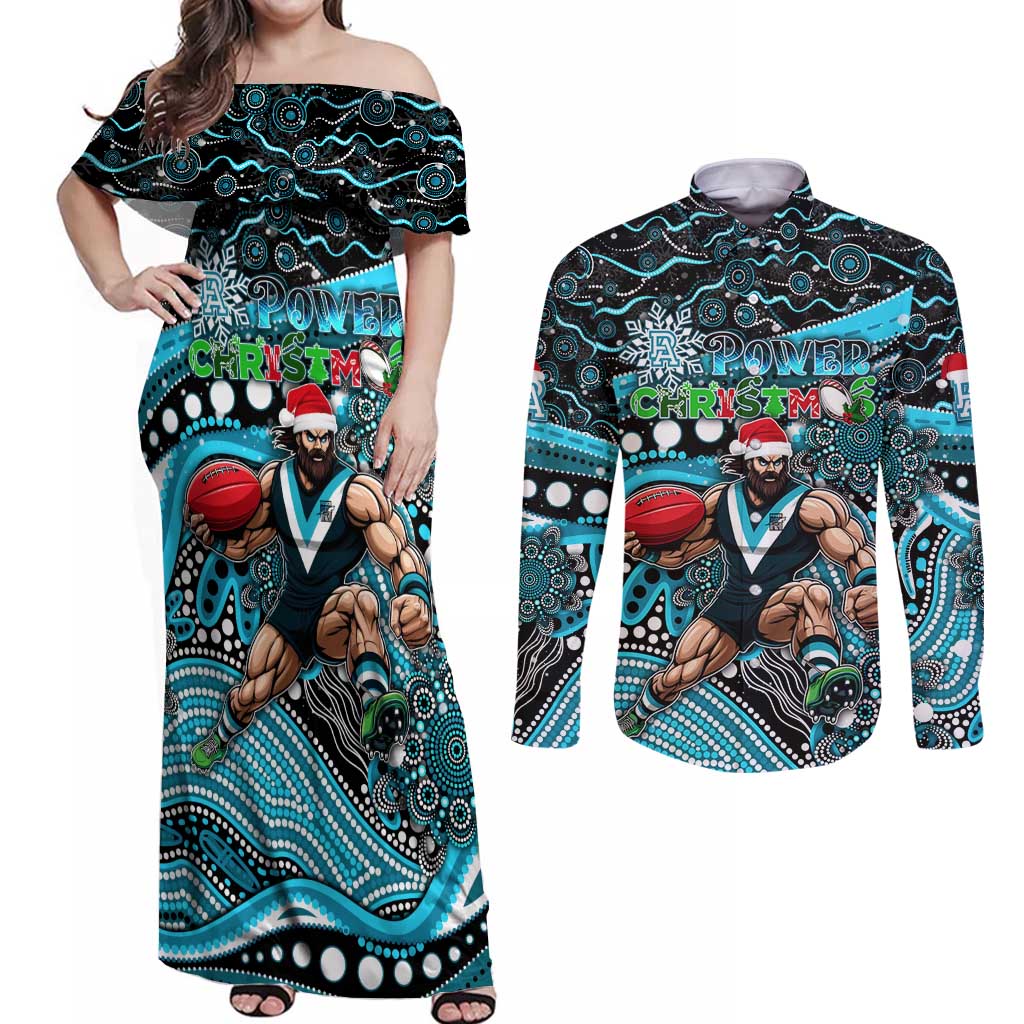 Merry Christmas AFL Power Couples Matching Off Shoulder Maxi Dress and Long Sleeve Button Shirt Aboriginal Santa Football Mascot