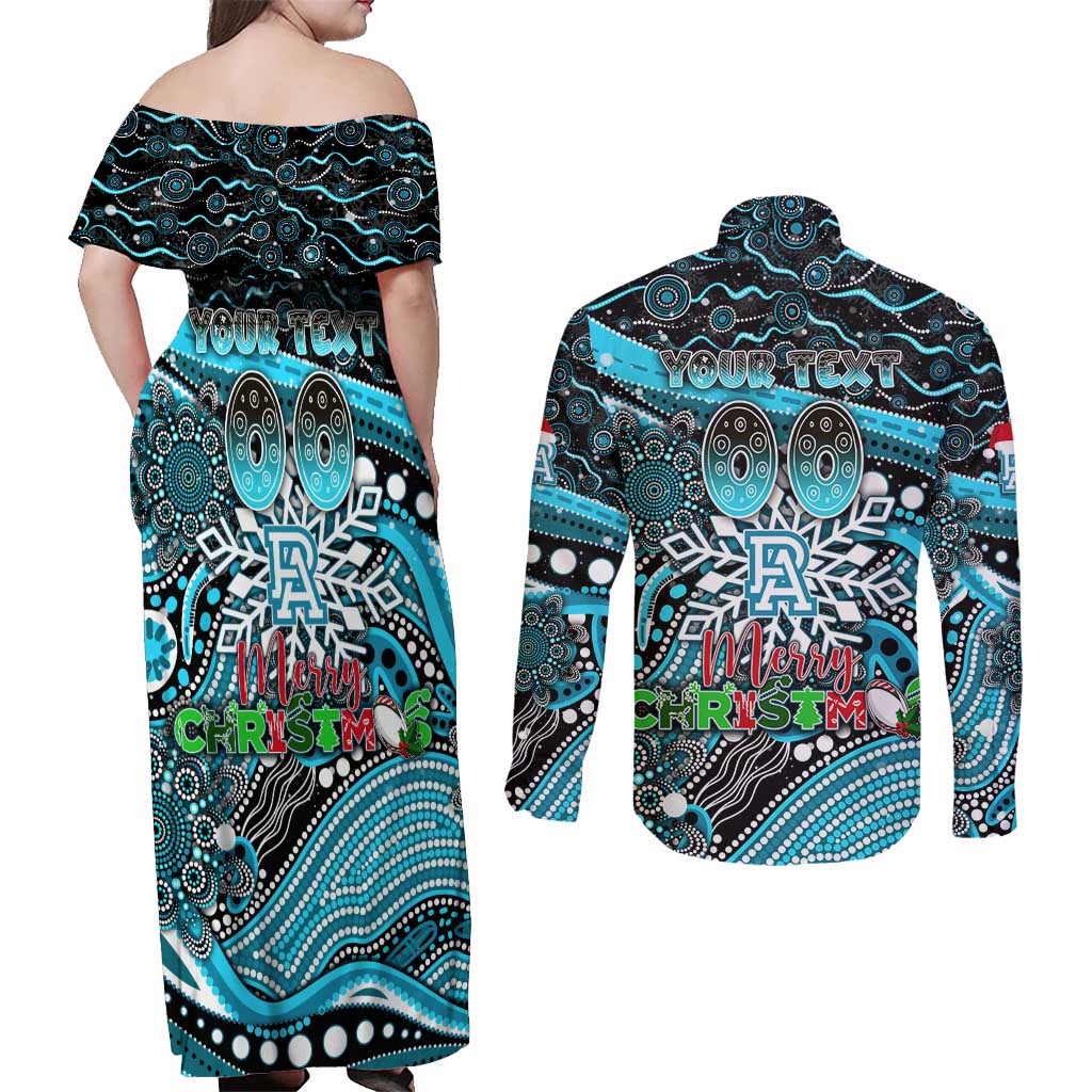 Merry Christmas AFL Power Couples Matching Off Shoulder Maxi Dress and Long Sleeve Button Shirt Aboriginal Santa Football Mascot