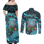 Merry Christmas AFL Power Couples Matching Off Shoulder Maxi Dress and Long Sleeve Button Shirt Aboriginal Santa Football Mascot