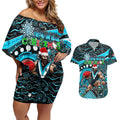 Merry Christmas AFL Power Couples Matching Off Shoulder Short Dress and Hawaiian Shirt Aboriginal Santa Football Mascot