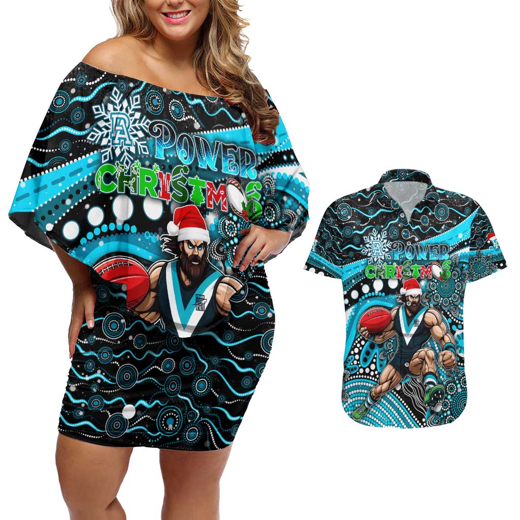 Merry Christmas AFL Power Couples Matching Off Shoulder Short Dress and Hawaiian Shirt Aboriginal Santa Football Mascot